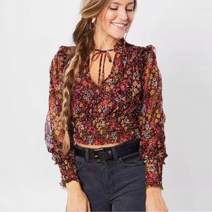 Free People Twyla Mesh Floral Crop Long Sleeve Top XS